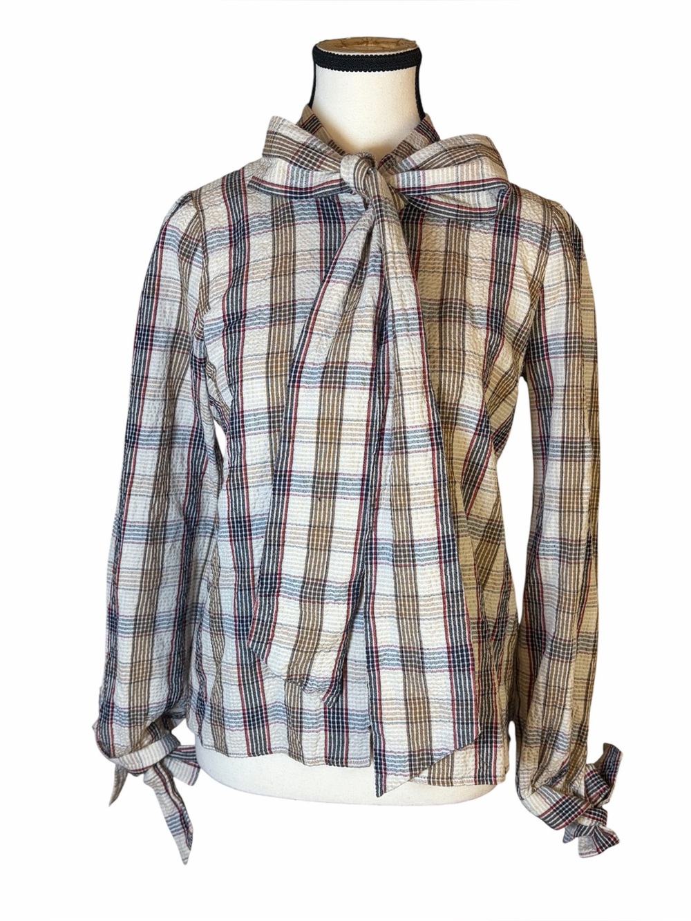Sézane Victorine Blouse Plaid Pussybow Neck Tie Long Sleeve Top Sz 38 US 4